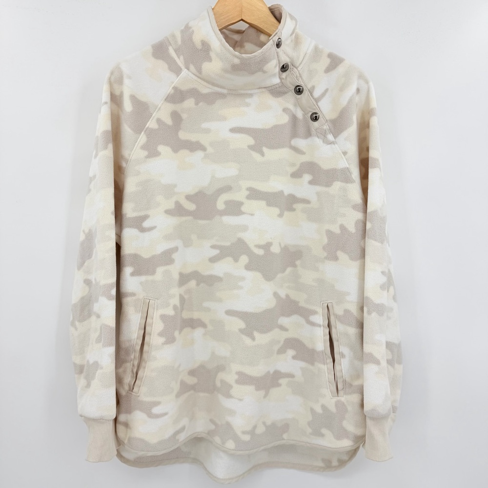 Green Tea Women Khaki Camo Fleece Button Funnel Neck Pullover Sweatshirt Large